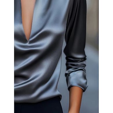 Women's Elegant Satin V Neck Collared Long Sleeve Blouse Solid Color Office Shirt