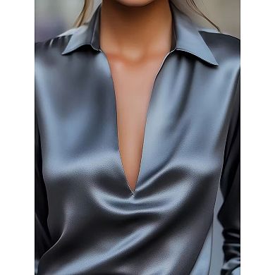 Women's Elegant Satin V Neck Collared Long Sleeve Blouse Solid Color Office Shirt