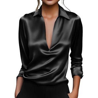 Women's Elegant Satin V Neck Collared Long Sleeve Blouse Solid Color Office Shirt