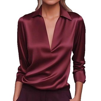Women's Elegant Satin V Neck Collared Long Sleeve Blouse Solid Color Office Shirt