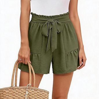 Women's Ruffle High Waist Shorts Self Tie Bow Loose Flowy Ruffle Hem Casual Beach Shorts