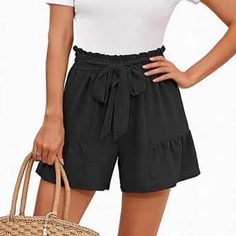 Women's Ruffle High Waist Shorts Self Tie Bow Loose Flowy Ruffle Hem Casual Beach Shorts