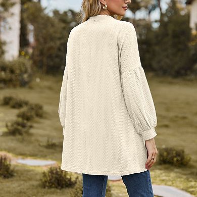 Women's Knit Mid Length Puff Long Sleeve Lightweight Solid Sweater Cardigan