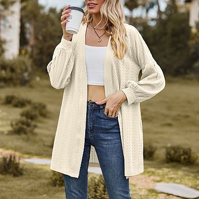 Women's Knit Mid Length Puff Long Sleeve Lightweight Solid Sweater Cardigan