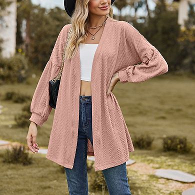 Women's Knit Mid Length Puff Long Sleeve Lightweight Solid Sweater Cardigan