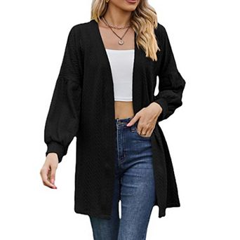 Women's Knit Mid Length Puff Long Sleeve Lightweight Solid Sweater Cardigan
