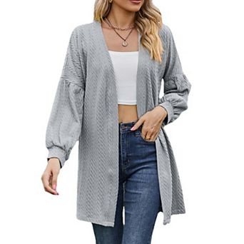 Women's Knit Mid Length Puff Long Sleeve Lightweight Solid Sweater Cardigan