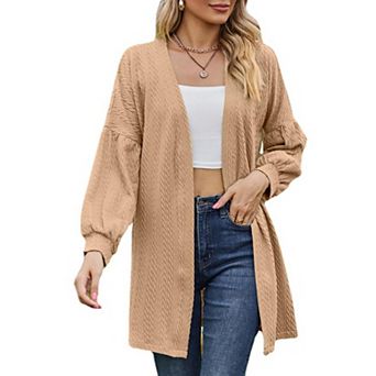 Women's Knit Mid Length Puff Long Sleeve Lightweight Solid Sweater Cardigan