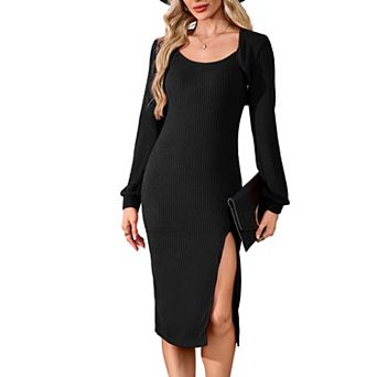 Women's 2 pc Knit Outfit Sleeveless Slit Midi Cami Dress Long Sleeve Cropped Shrug Bolero Set