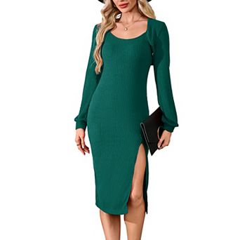 Women's 2 pc Knit Outfit Sleeveless Slit Midi Cami Dress Long Sleeve Cropped Shrug Bolero Set