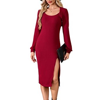 Women's 2 pc Knit Outfit Sleeveless Slit Midi Cami Dress Long Sleeve Cropped Shrug Bolero Set
