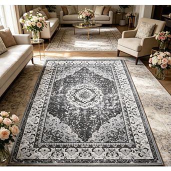 lxt-Boho Floral Area Rug Vintage Washable Carpet for Living Room Bedroom Bathroom Kitchen