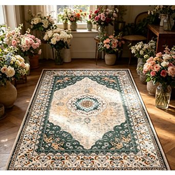 lxt-Boho Floral Area Rug Vintage Washable Carpet for Living Room Bedroom Bathroom Kitchen