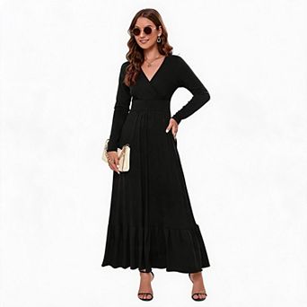 Women's Wrap V Neck Long Sleeve High Waist Ruffle Hem Maxi Dress with Side Pockets
