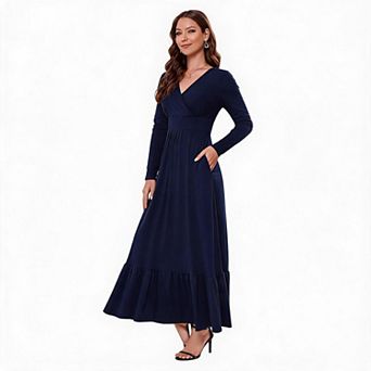 Women's Wrap V Neck Long Sleeve High Waist Ruffle Hem Maxi Dress with Side Pockets