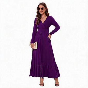 Women's Wrap V Neck Long Sleeve High Waist Ruffle Hem Maxi Dress with Side Pockets