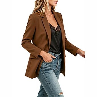 Women's Notched Lapel Single Button Long Sleeve Casual Blazer Jacket with Flap Pockets