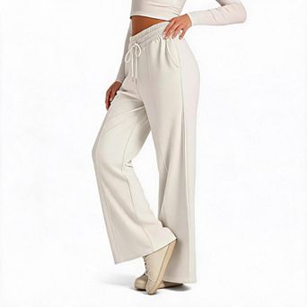 Women's Elastic Drawstring High Waist Seamed Wide Leg Knit Sweat Pants with Side Pockets