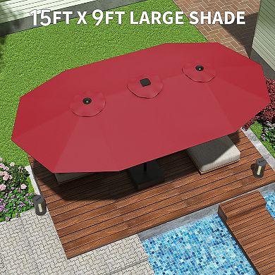 Double-Sided 15FT Patio Umbrella with Base Large Outdoor Rectangular Sun Shade
