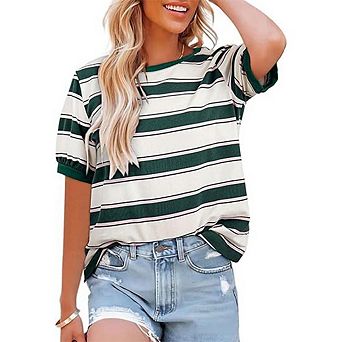 Women's Striped Color-Blocked T-Shirt, Round Neck, Colorful Patchwork, Casual Loose T-Shirt