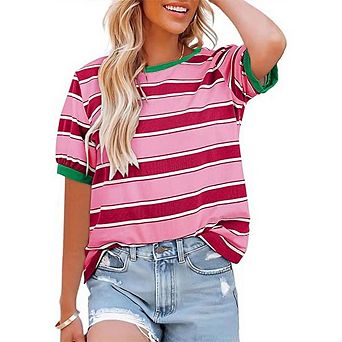 Women's Striped Color-Blocked T-Shirt, Round Neck, Colorful Patchwork, Casual Loose T-Shirt