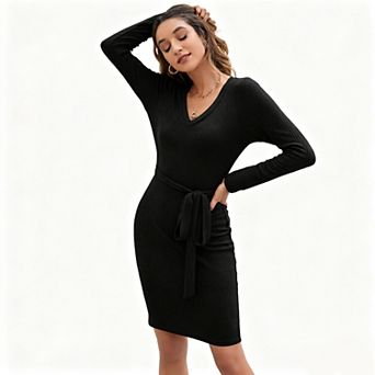 Women's V Neck Long Sleeve Ribbed Knit Belted Bodycon Mini Dress