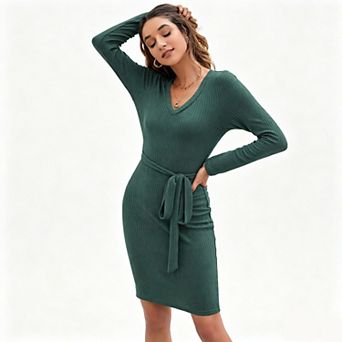 Women's V Neck Long Sleeve Ribbed Knit Belted Bodycon Mini Dress
