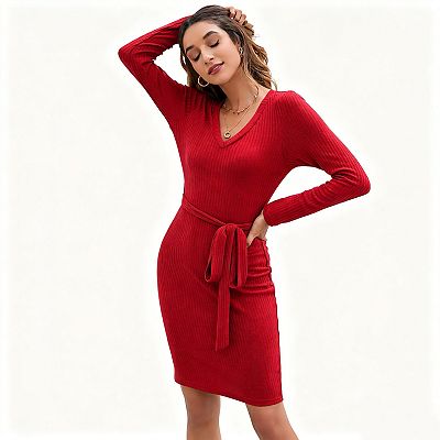 ribbed v neck bodycon dress Women Striped Knitted Dress Long Sleeve V-neck Slim Midi Ribbed Bodycon New