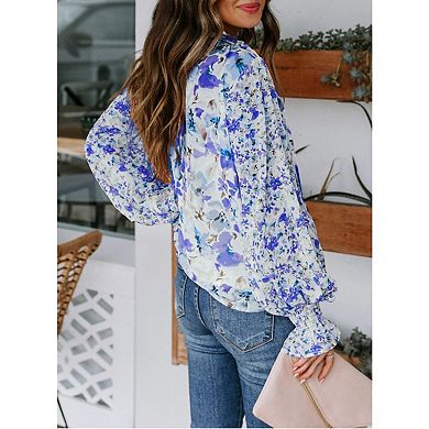 Blueming Women's Top Long Sleeve V Neck Lace Up Button Floral Print Loose Casual Pullover