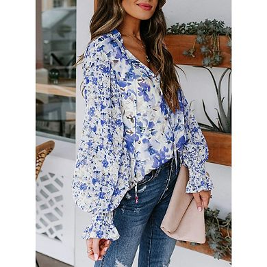 Blueming Women's Top Long Sleeve V Neck Lace Up Button Floral Print Loose Casual Pullover