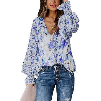 Blueming Women's Top Long Sleeve V Neck Lace Up Button Floral Print Loose Casual Pullover