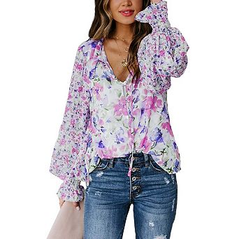 Blueming Women's Top Long Sleeve V Neck Lace Up Button Floral Print Loose Casual Pullover