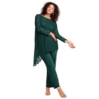 Roaman's Women's Plus Size Extended Plus Size Asymmetrical Lace Pant Set Long Sleeve Lace Scalloped