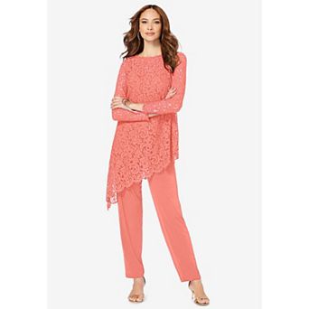 Roaman's Women's Plus Size Extended Plus Size Asymmetrical Lace Pant Set Long Sleeve Lace Scalloped