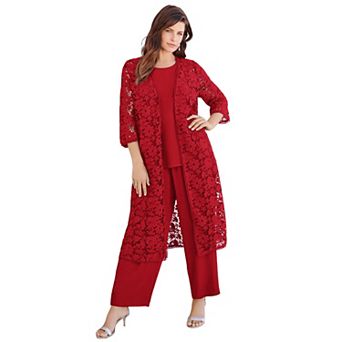 Roaman's Women's Plus Size Extended Plus Size 3 pc Allover Lace Duster Pant Set Formal Wear