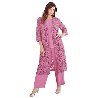 Roaman's Women's Plus Size Extended Plus Size 3 pc Allover Lace Duster Pant Set Formal Wear