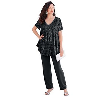 Roaman's Women's Plus Size Petite Extended Plus Size 2 pc S/S Sequin Top And Pant Set