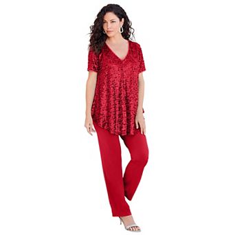 Roaman's Women's Plus Size Extended Plus Size 2 pc S/S Sequin Top And Pant Set