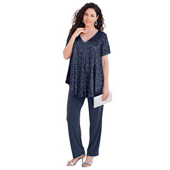 Roaman's Women's Plus Size Petite Extended Plus Size 2 pc S/S Sequin Top And Pant Set