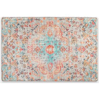HomeRoots Teal Orange And Gray Medallion Distressed Washable Area Rug