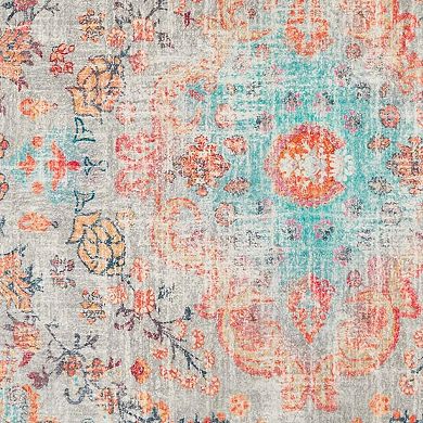 HomeRoots Teal Orange And Gray Medallion Distressed Washable Area Rug