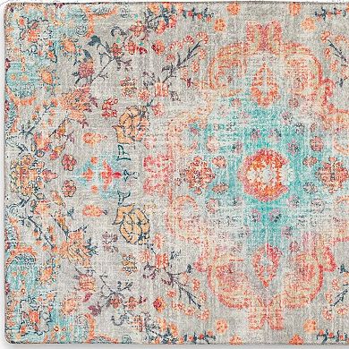HomeRoots Teal Orange And Gray Medallion Distressed Washable Area Rug