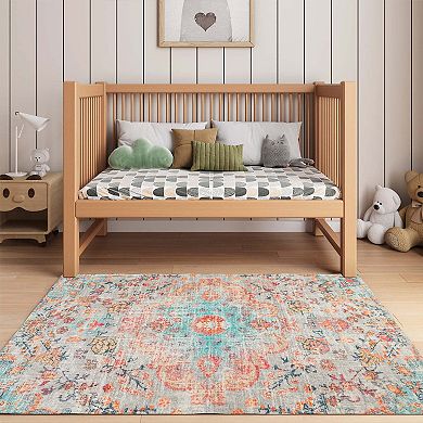HomeRoots Teal Orange And Gray Medallion Distressed Washable Area Rug