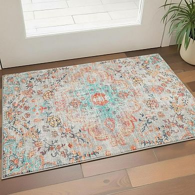 HomeRoots Teal Orange And Gray Medallion Distressed Washable Area Rug