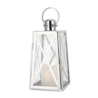 HomeRoots 12" Clear And Silver Glass And Stainless Steel Tabletop Lantern Candle Holder