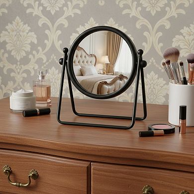 HomeRoots 10" Black Metal Round Framed Adjustable Makeup Shaving Tabletop Mirror