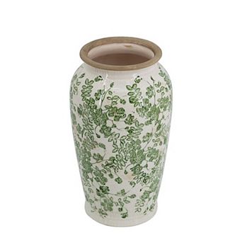 HomeRoots 12" Green And White Leaf Ceramic Round Table Vase