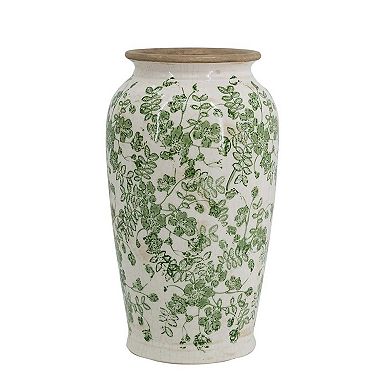 HomeRoots 12" Green And White Leaf Ceramic Round Table Vase