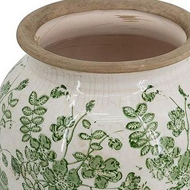 HomeRoots 12" Green And White Leaf Ceramic Round Table Vase
