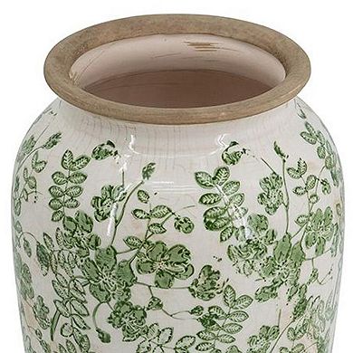 HomeRoots 12" Green And White Leaf Ceramic Round Table Vase
